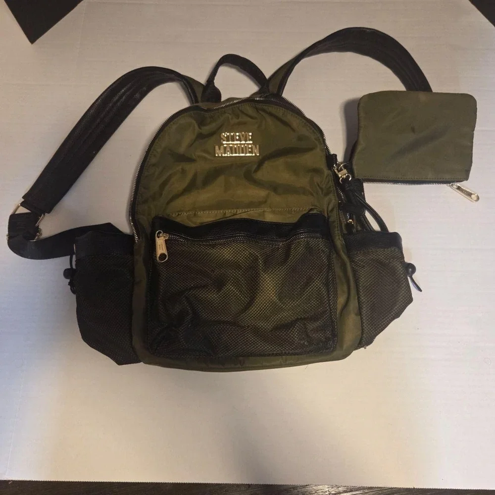 Steve Madden Olive Green Nylon Backpack with Detachable Pouch Utility Bag
